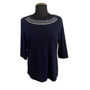 Coral Bay Women's Navy Blue 3/4 Sleeve Top With Dotted White Neckline Size M
